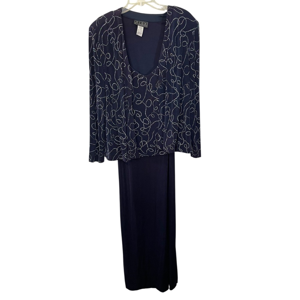 Alex Evenings Size 18 Navy Rhinestone 2 Piece Dress Jacket Set Formal Occasion